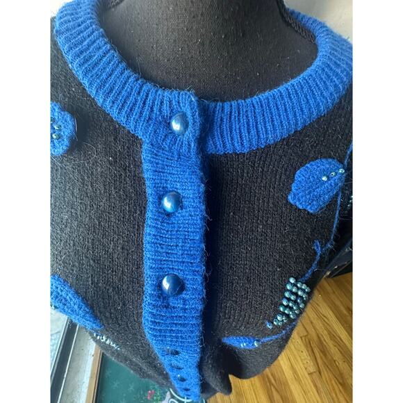 Vintage Navy Blue & Aqua Floral Cardigan Sweater – Size M - Picture 3 of 8